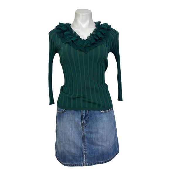 Vintage Evie Silk Ribbed Top Medium Victorian Green Lace Collar Holiday - Picture 4 of 13